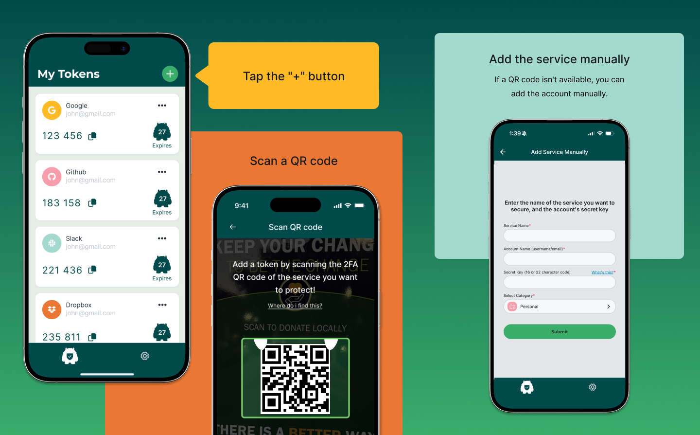 How to add an account: tap the + button, scan a QR code, or add the service manually